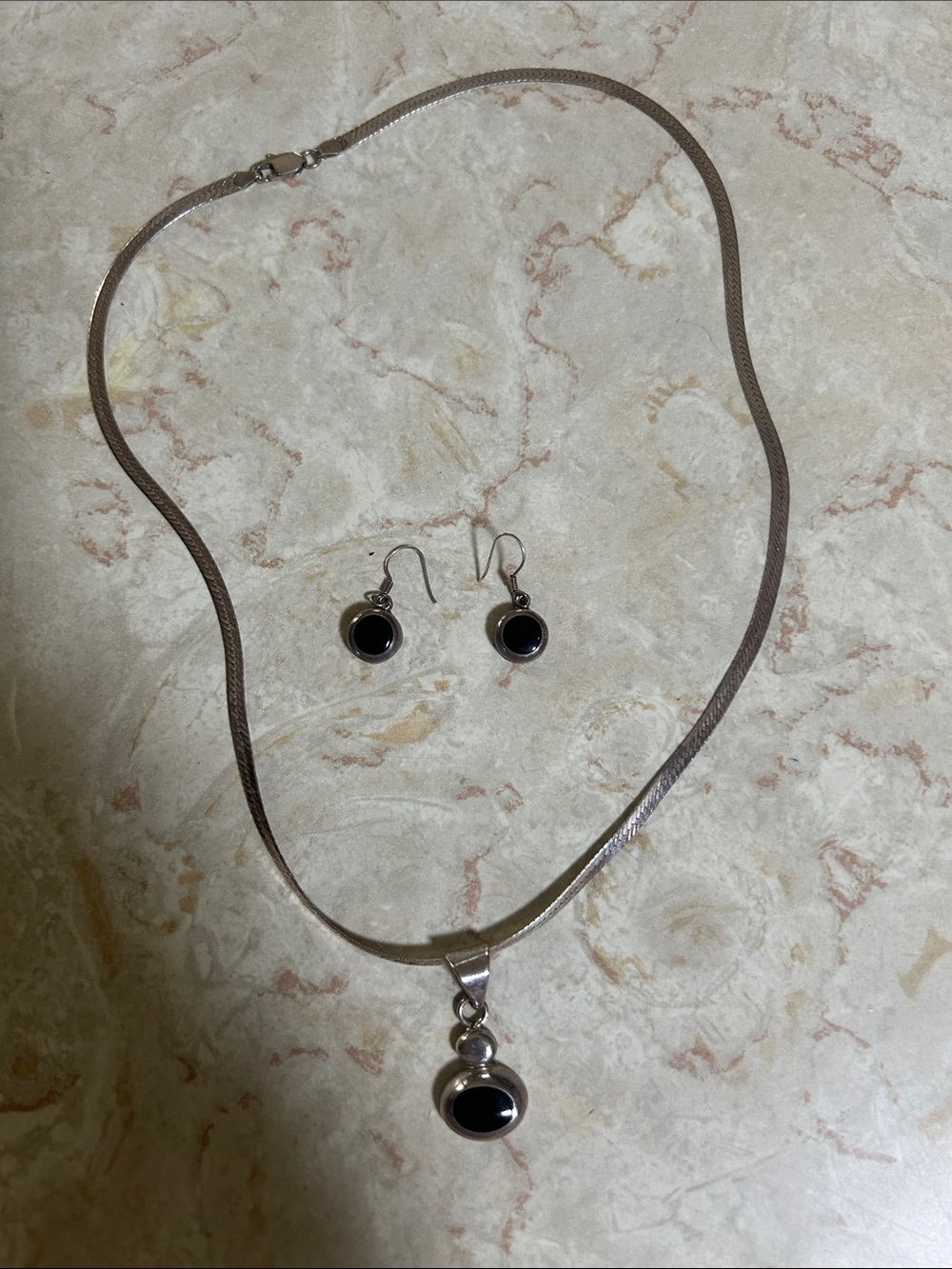 Silver Black Onyx Pendant Necklace and Earring Set